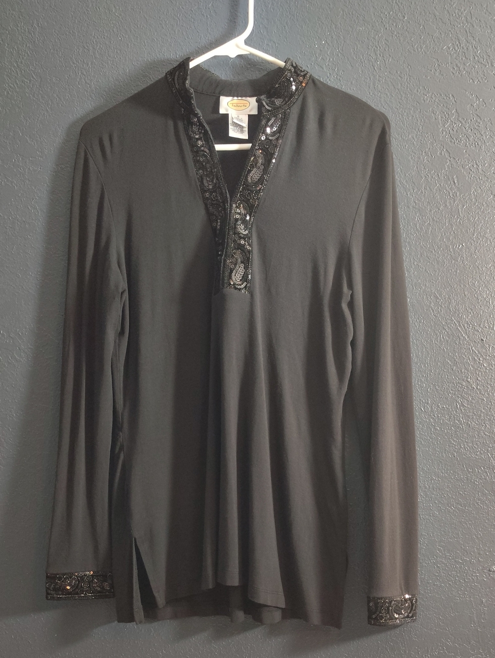 Vintage USA 1990s Talbots Black Long-Sleeve Tunic with Beaded Trim Size Small